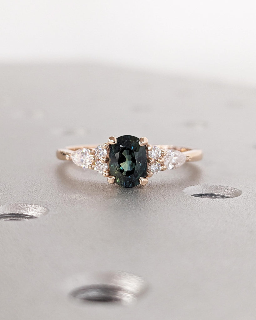 Blue Green Sapphire Ring. Peacock Engagement Ring. Oval Teal Sapphire Ring. Solid Rose Gold Engagement Ring. Cluster Diamond Ring. Art Deco.