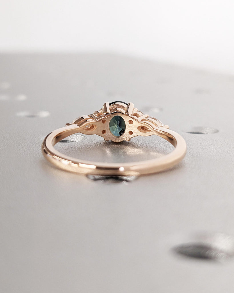 Blue Green Sapphire Ring. Peacock Engagement Ring. Oval Teal Sapphire Ring. Solid Rose Gold Engagement Ring. Cluster Diamond Ring. Art Deco.