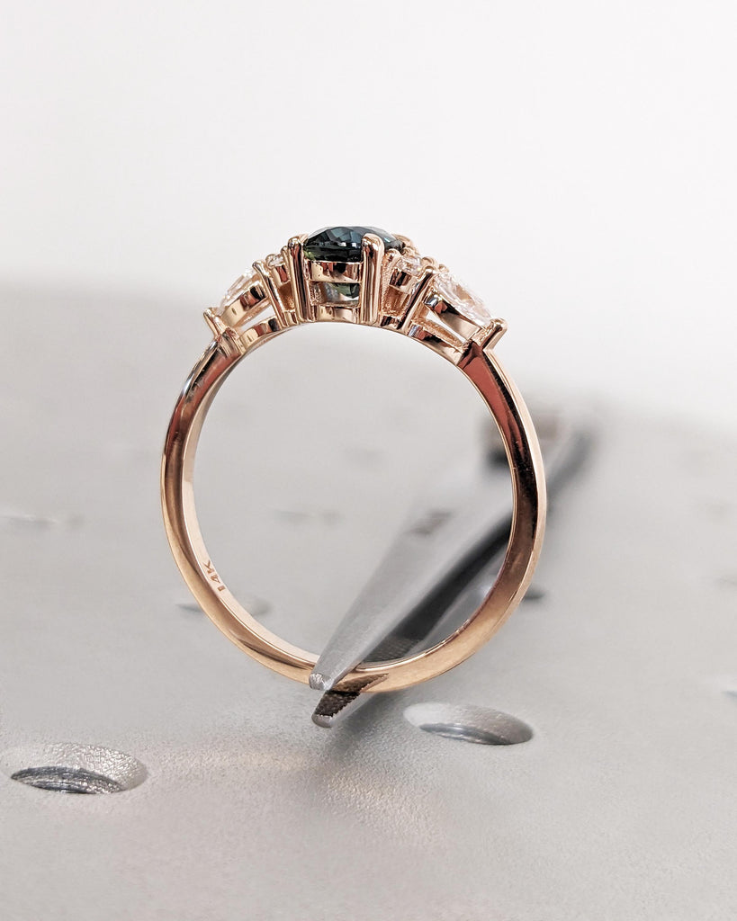 Blue Green Sapphire Ring. Peacock Engagement Ring. Oval Teal Sapphire Ring. Solid Rose Gold Engagement Ring. Cluster Diamond Ring. Art Deco.