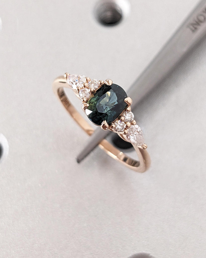 Blue Green Sapphire Ring. Peacock Engagement Ring. Oval Teal Sapphire Ring. Solid Rose Gold Engagement Ring. Cluster Diamond Ring. Art Deco.