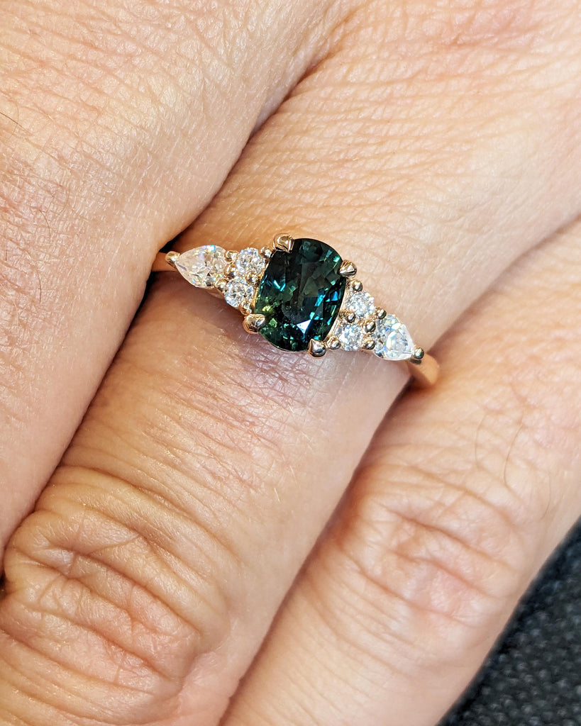 Blue Green Sapphire Ring. Peacock Engagement Ring. Oval Teal Sapphire Ring. Solid Rose Gold Engagement Ring. Cluster Diamond Ring. Art Deco.