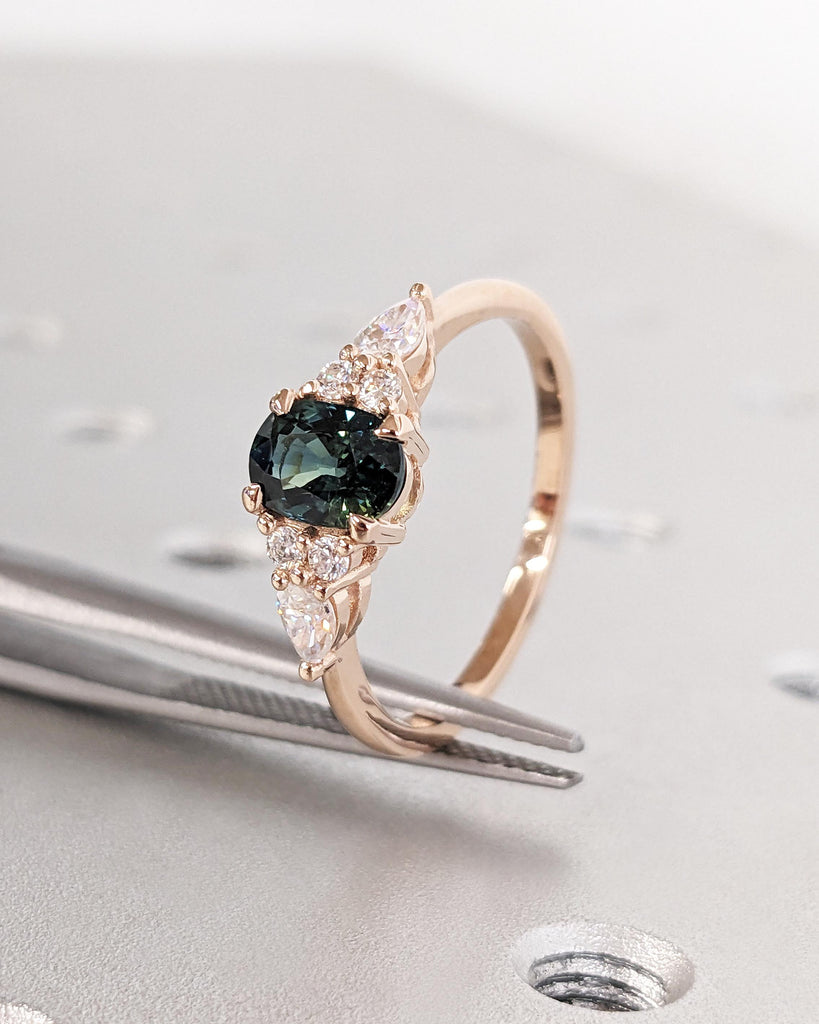 Blue Green Sapphire Ring. Peacock Engagement Ring. Oval Teal Sapphire Ring. Solid Rose Gold Engagement Ring. Cluster Diamond Ring. Art Deco.