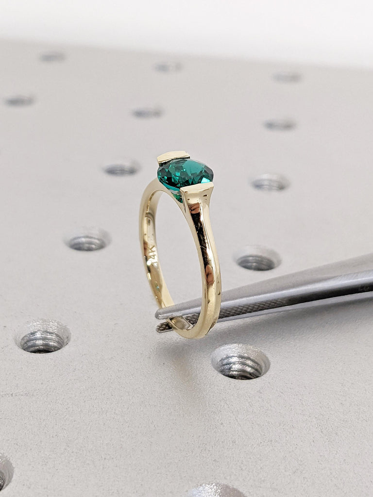 Round Cut Lab Emerald Ring | Solitaire 14k Yellow Gold Ring | Green Emerald Engagement Ring | Unique Promise Ring for Her | Minimalist Ring