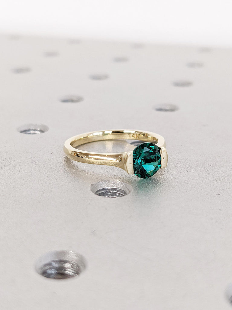 Round Cut Lab Emerald Ring | Solitaire 14k Yellow Gold Ring | Green Emerald Engagement Ring | Unique Promise Ring for Her | Minimalist Ring