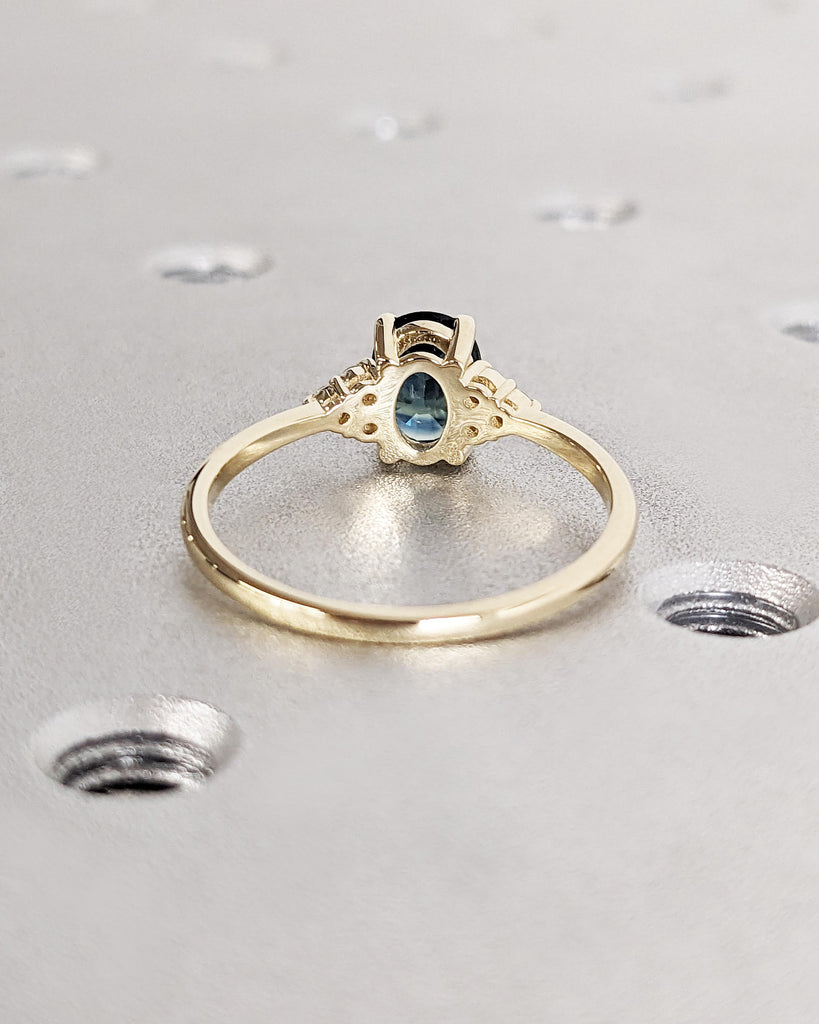 Vintage Teal Sapphire Engagement Ring Oval Cut | Antique Yellow Gold Peacock Sapphire Wedding Ring | Round Diamond Cluster Anniversary Ring