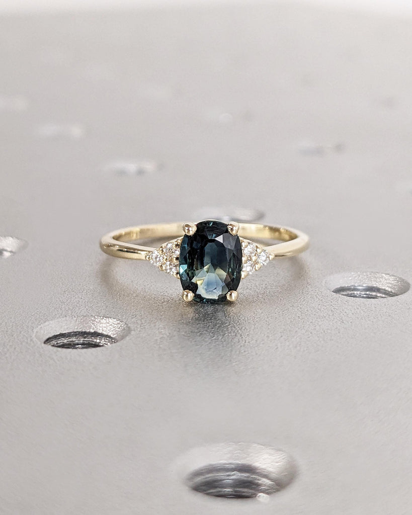 Vintage Teal Sapphire Engagement Ring Oval Cut | Antique Yellow Gold Peacock Sapphire Wedding Ring | Round Diamond Cluster Anniversary Ring