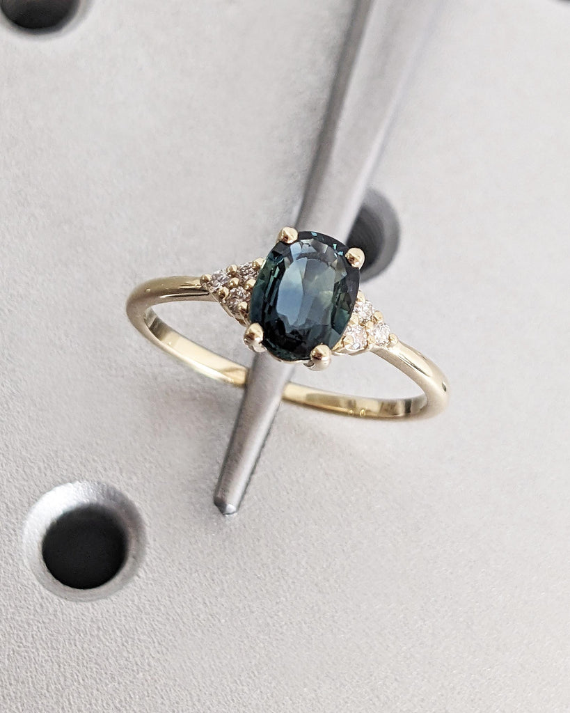 Vintage Teal Sapphire Engagement Ring Oval Cut | Antique Yellow Gold Peacock Sapphire Wedding Ring | Round Diamond Cluster Anniversary Ring