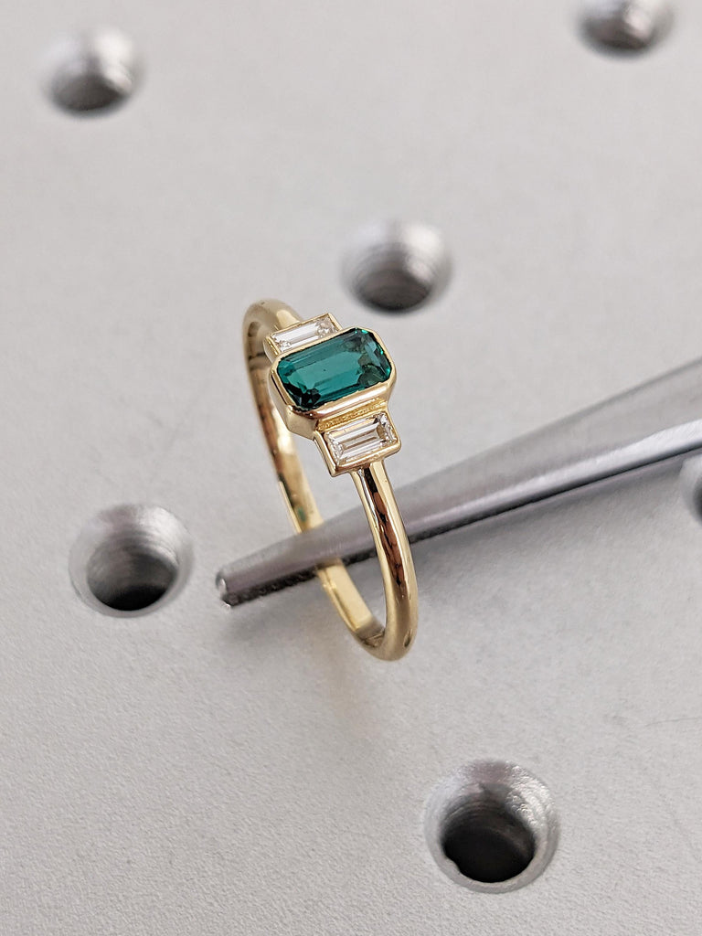 Three Stone Baguette Cut Lab Emerald Ring, 18K Yellow Gold Engagement Ring, Unique Anniversary Ring, Dainty Wedding Ring, Gift for Women