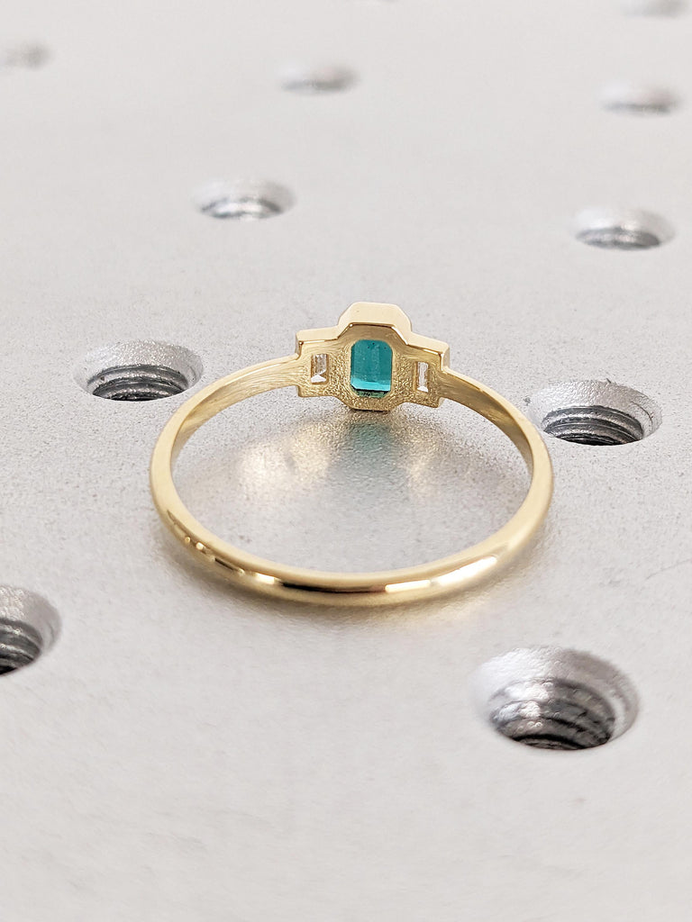 Baguette Lab Emerald Promise Ring for Her, Dainty 18K Yellow Gold Ring, Minimalist Gold Ring, Three Stone Ring, Engagement Rings for Women