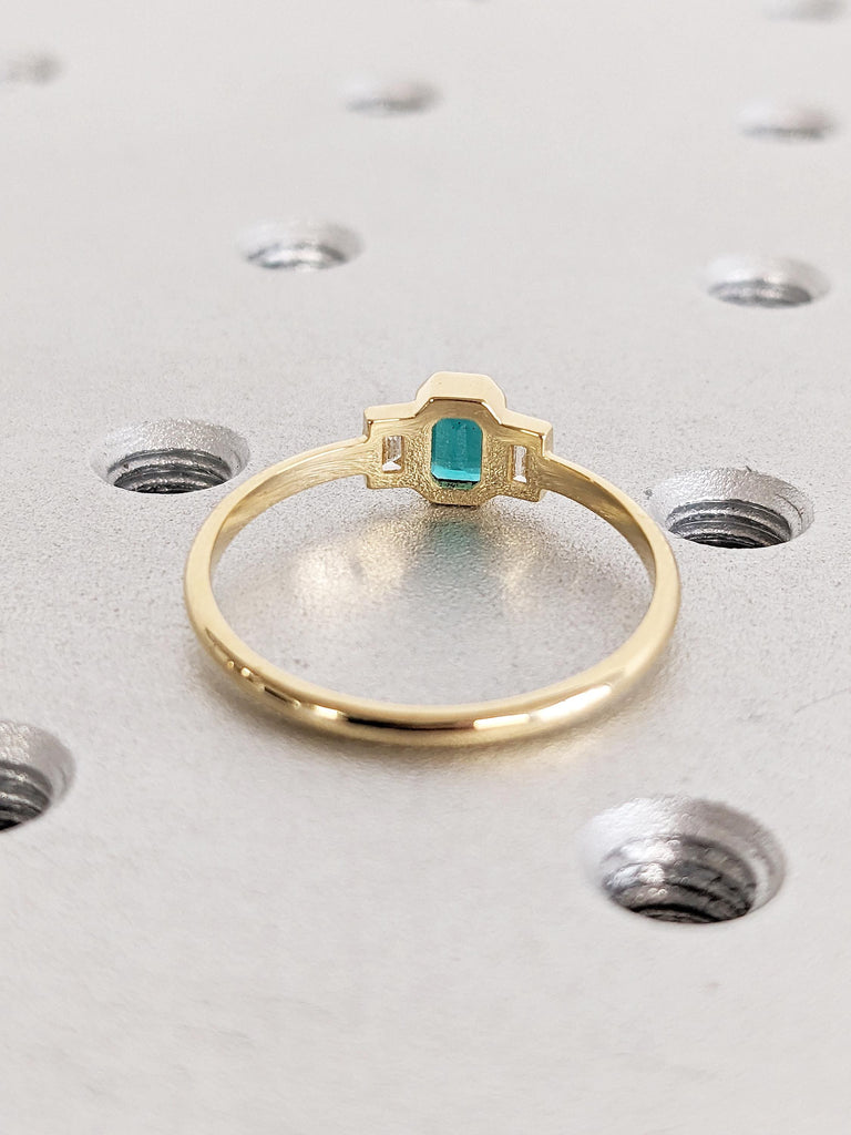 Three Stone Baguette Cut Lab Emerald Ring, 18K Yellow Gold Engagement Ring, Unique Anniversary Ring, Dainty Wedding Ring, Gift for Women