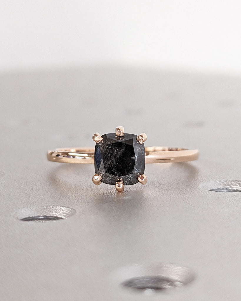 Galaxy Raw Salt and Pepper Diamond Ring- Cushion Cut Diamond Engagement Rings- Unique Bridal Geometric Diamond Promise Ring- Minimalist Ring