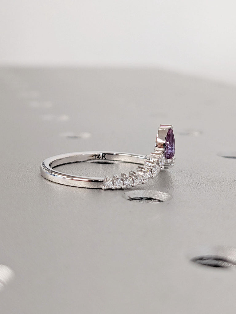 Unique Green Moissanite Promise Anniversary Ring 2pc Set | Purple Alexandrite and Moissanite Cluster Curve Wedding Ring | Prong set Ring