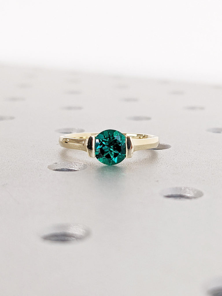 Round Cut Lab Emerald Ring | Solitaire 14k Yellow Gold Ring | Green Emerald Engagement Ring | Unique Promise Ring for Her | Minimalist Ring