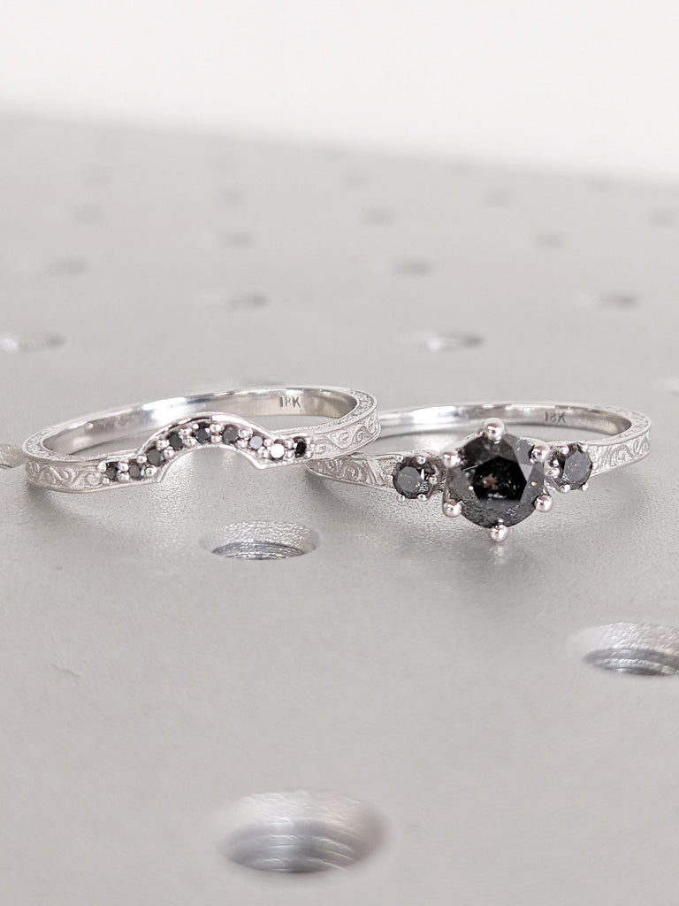 Vintage Diamond Engagement Ring Set, 18k White Gold Salt and Pepper Diamond Promise Ring, Art Deco Diamond Statement Ring, Unique Bridal Set