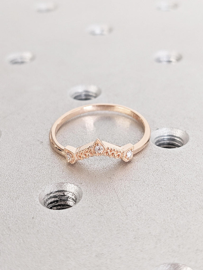 Nature Inspired Diamond Wedding Rings for Women, 14k Rose Gold Wedding Band, Dainty Stackable Ring, Milgrain Ring, Anniversary Gift For Her