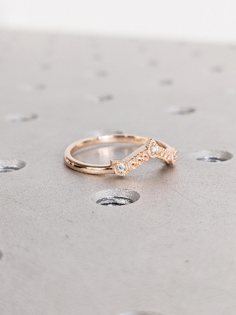 Nature Inspired Diamond Wedding Rings for Women, 14k Rose Gold Wedding Band, Dainty Stackable Ring, Milgrain Ring, Anniversary Gift For Her