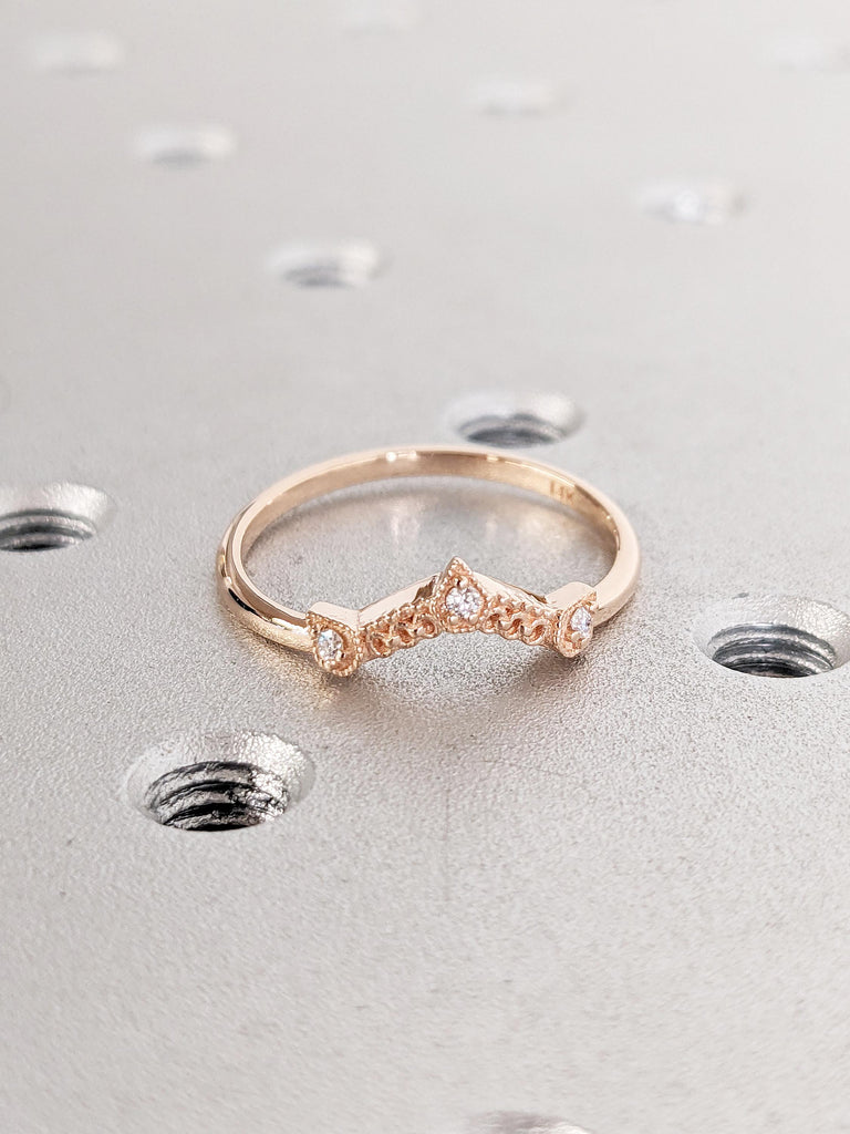 Nature Inspired Diamond Wedding Rings for Women, 14k Rose Gold Wedding Band, Dainty Stackable Ring, Milgrain Ring, Anniversary Gift For Her