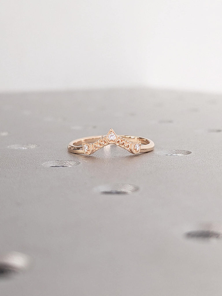 Nature Inspired Diamond Wedding Rings for Women, 14k Rose Gold Wedding Band, Dainty Stackable Ring, Milgrain Ring, Anniversary Gift For Her