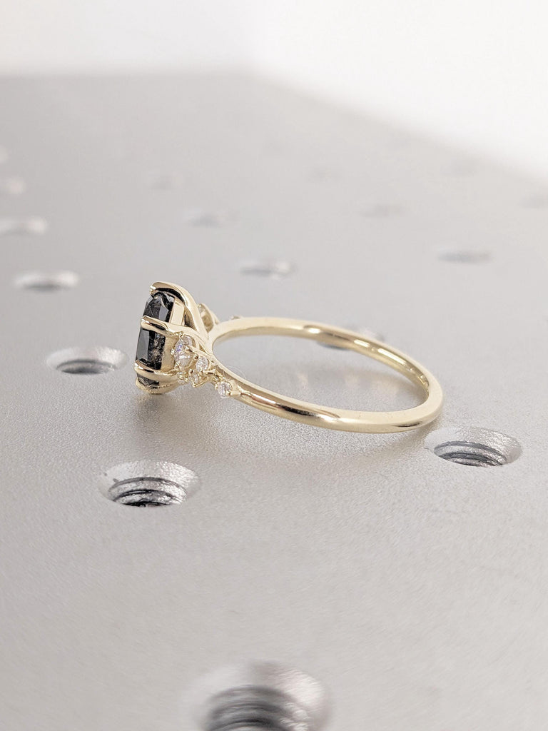 14k 18k Gold Wedding Ring for Her | Unique Salt and Pepper Black Diamond, Oval cut | Art Deco Promise Anniversary Ring | Lab Diamond Cluster