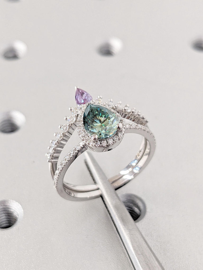 Unique Green Moissanite Promise Anniversary Ring 2pc Set | Purple Alexandrite and Moissanite Cluster Curve Wedding Ring  | Prong set Ring