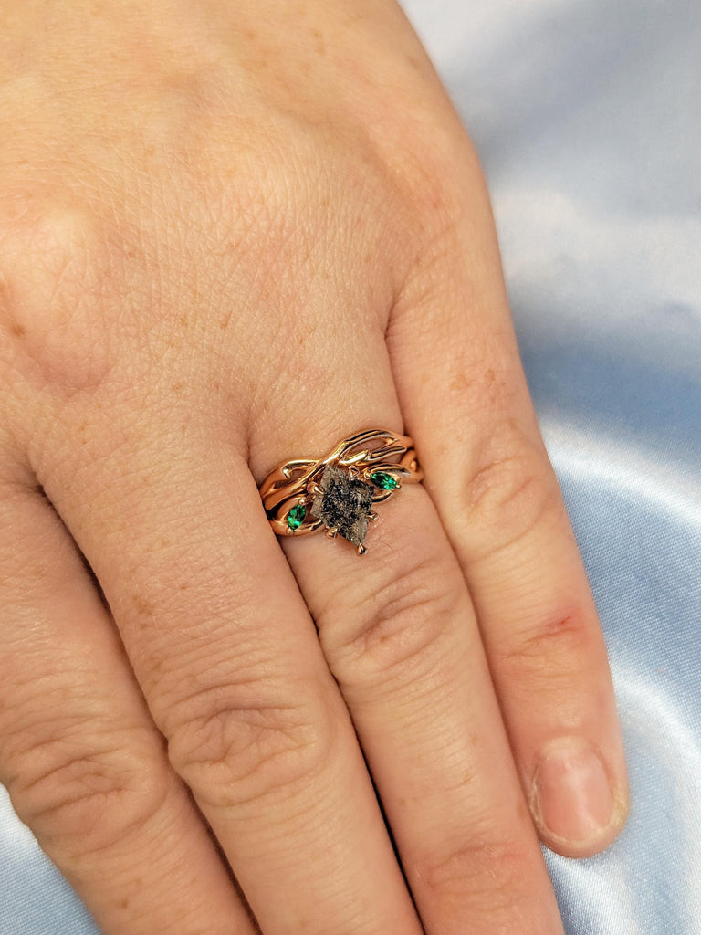 Vintage Diamond Wedding Ring Set | 14k Rose Gold Twig Rings | Salt and Pepper Diamond Engagement Ring Set | Lab Emerald Ring | Bridal Set