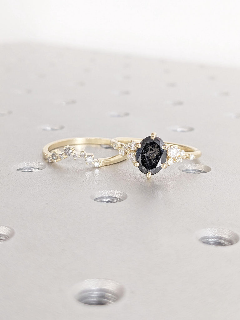 1.5ct Natural Salt and Pepper Black Diamond Wedding Anniversary Ring Set | Gift for Wife | Solid Gold Promise Ring | Snowdrift Moissanite Cluster Ring