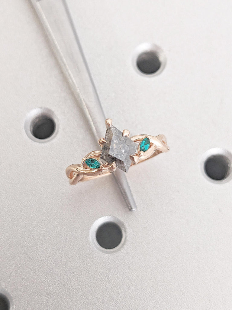 Kite Cut Salt and Pepper Diamond Ring, Art Deco 14k Rose Gold Wedding Ring, Twig Engagement Ring, Lab Emerald Promise Ring, Gift for Women