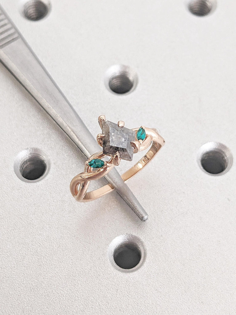 Kite Cut Salt and Pepper Diamond Ring, Art Deco 14k Rose Gold Wedding Ring, Twig Engagement Ring, Lab Emerald Promise Ring, Gift for Women