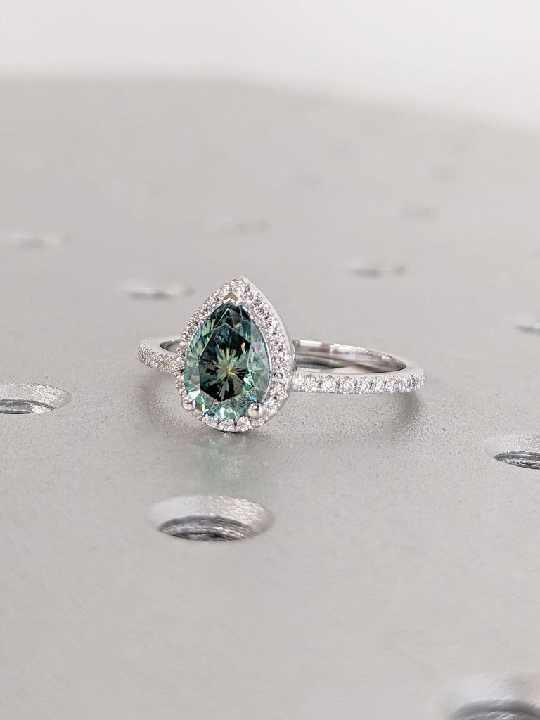 Vintage Pear cut Green Moissanite Halo Engagement Ring | White Gold Wedding Ring | Art deco Unique Bridal Ring | Anniversary Promise Ring