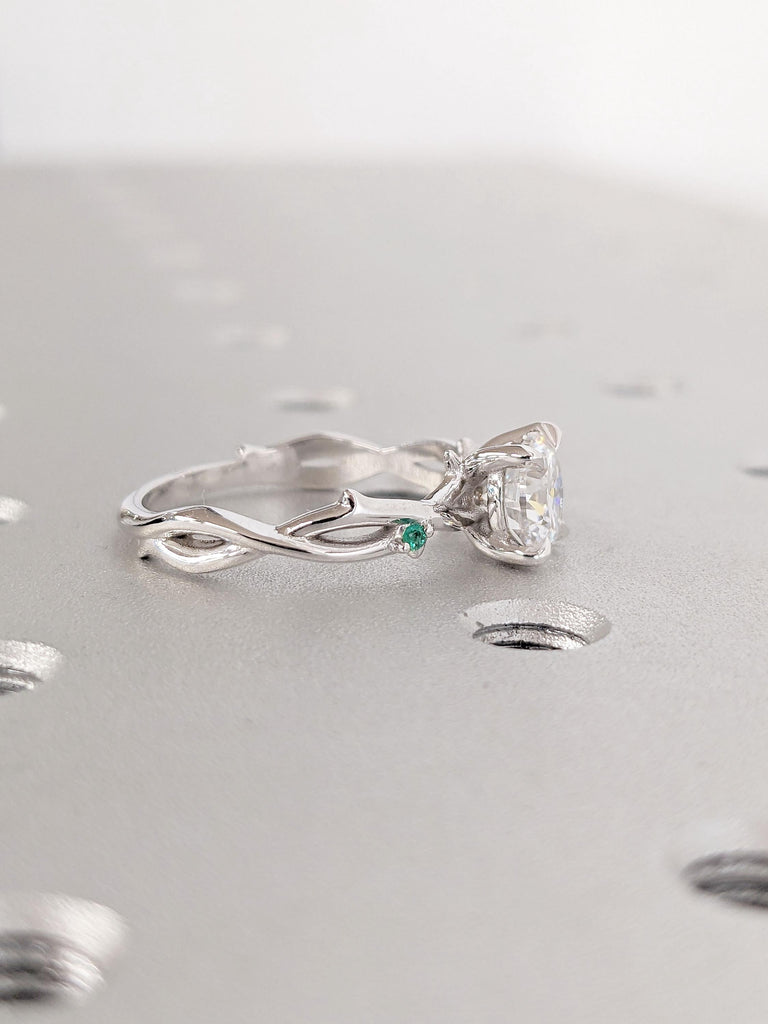 Moissanite and Emerald Nature Inspired Engagement Ring | 14K 18K White Gold Rings for Women | Dainty Promise Ring | Twig Branch Ring