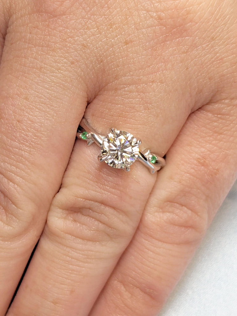 Moissanite and Emerald Nature Inspired Engagement Ring | 14K 18K White Gold Rings for Women | Dainty Promise Ring | Twig Branch Ring