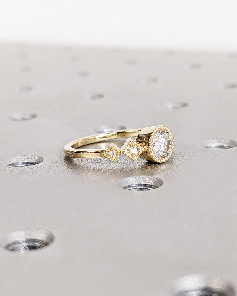 5mm Moissanite Engagement Ring, Milgrain 14K Yellow Gold Wedding Band, Round Moissanite Ring, Unique Proposal Ring, Wedding Anniversary Gift