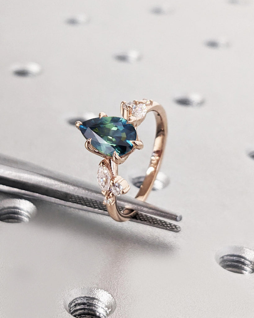 Pear Cut Nature Engagement Ring, Peacock Blue Green Teal Sapphire Ring, Leaf Shape Diamond Accents, Dainty Leaf Ring, Rose Gold Promise Ring