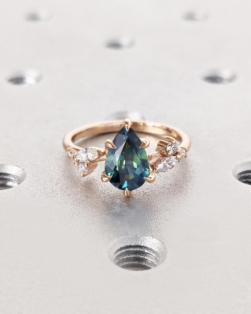 Nature Leaf Twig Flower Ring, Pear Sapphire Engagement Ring, Peacock Green Blue Sapphire, Leaf Shape Diamond Accents, Rose Gold Ring For Her