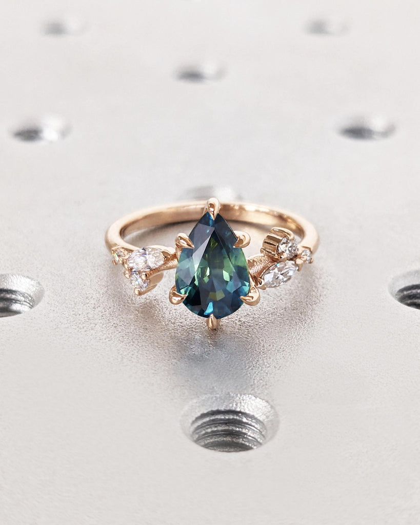 Pear Cut Nature Engagement Ring, Peacock Blue Green Teal Sapphire Ring, Leaf Shape Diamond Accents, Dainty Leaf Ring, Rose Gold Promise Ring