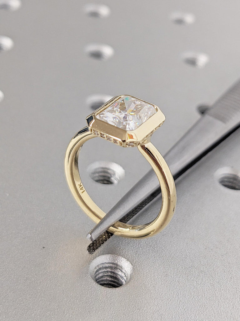 Radiant Cut Lab Grown Diamond Engagement Ring | Dainty 14K Yellow Gold Solitaire Ring | Hidden Halo Anniversary Ring | Unique Gift for Wife