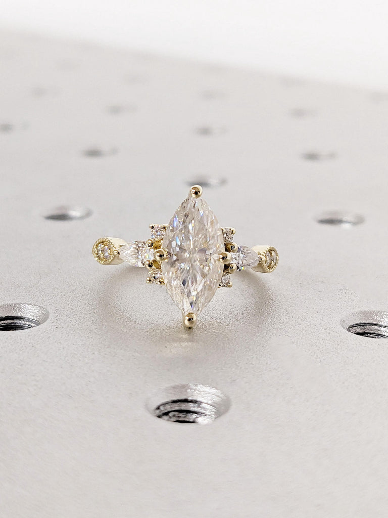 14k Yellow Gold Anniversary Rings for Women, Lab Grown Diamond Ring, Marquise Cut Diamond Ring, Pear and round Moissanite Ring, Gift for Her