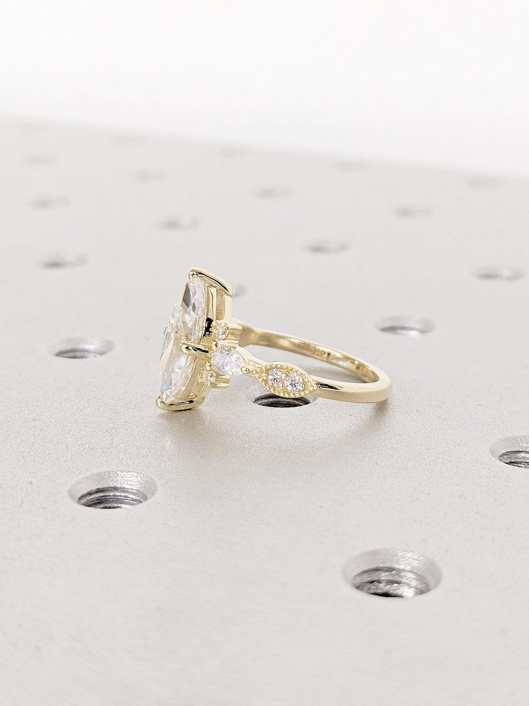 Vintage Lab Grown Diamond Promise Ring | 14k Gold Milgrain Ring | Marquise and Round Diamond Engagement Ring for Her