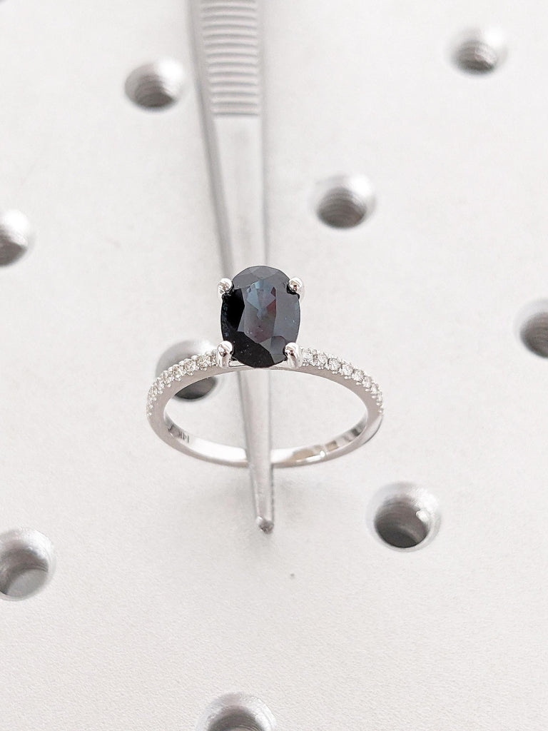 Art Deco Peacock Sapphire Ring, 14k White Gold Ring, Oval Cut Sapphire Engagement Ring, Half Eternity Moissanite Ring, Birthday Gift for Her