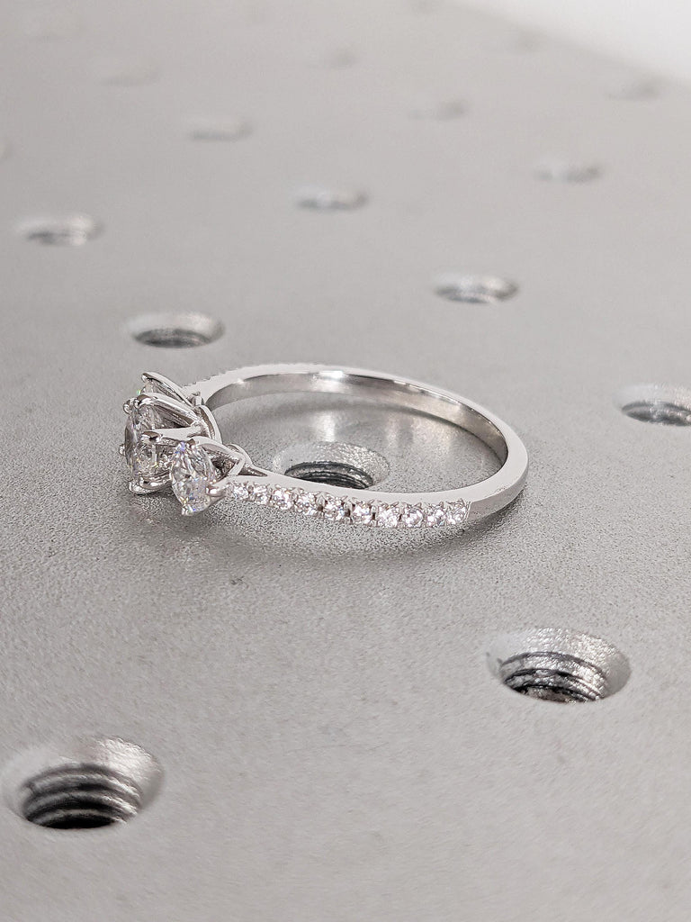 Round Lab Grown Diamond Engagement Ring, 14 White Gold Wedding Ring, Unique Diamond Ring, Vintage Half Eternity Ring, Three Stone Ring