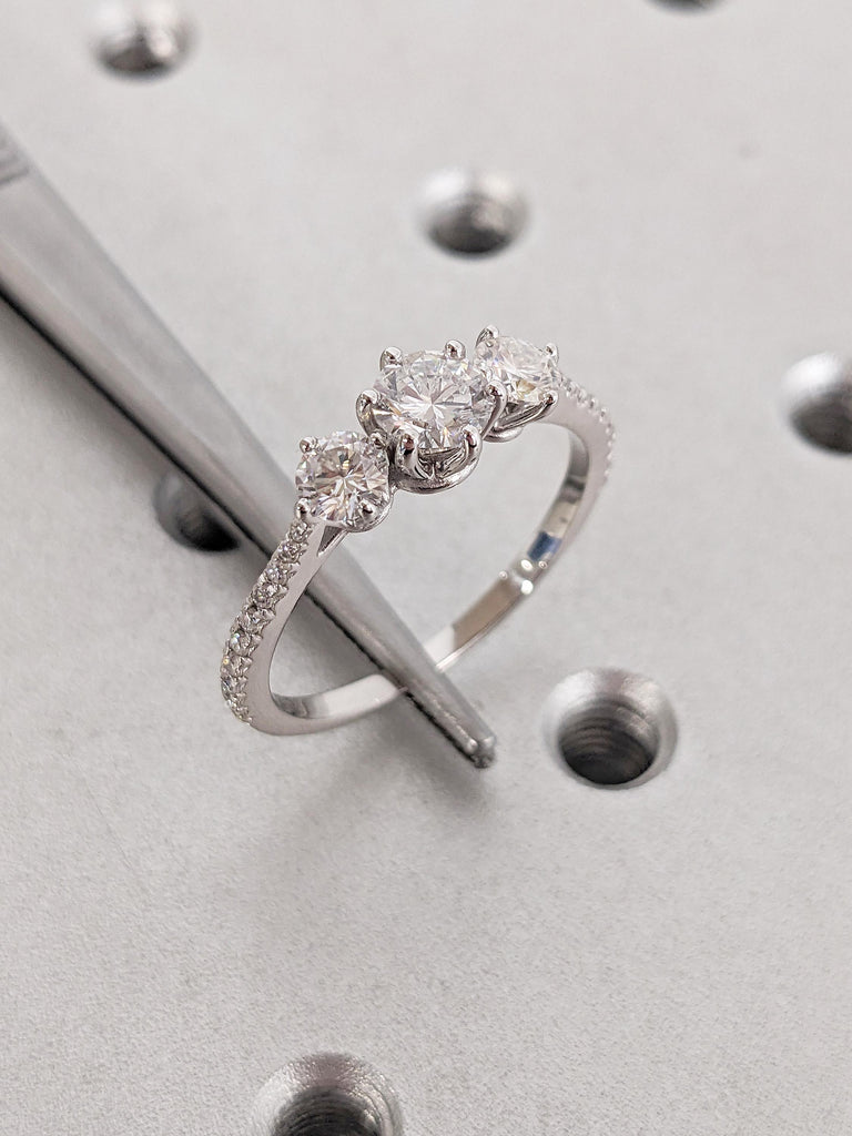 Round Cut Moissanite Engagement Ring | 14k White Gold Three Stone Wedding Ring | Dainty Half Eternity Moissanite Ring | Unique Wedding Gift