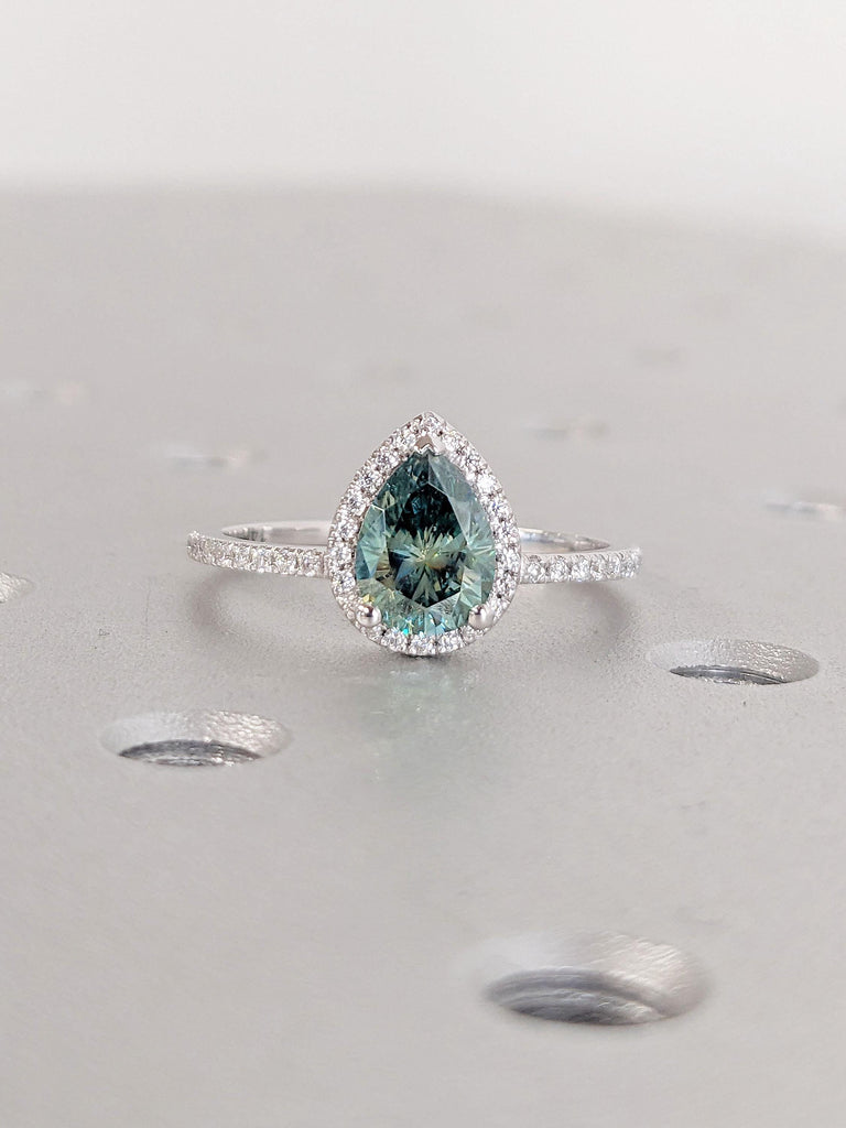 14k Gold Teal Moissanite Pear Cut Solitaire Ring | VVS Peacock Moissanite and Lab Diamond Alternative Engagement Ring | Diamond Halo Ring