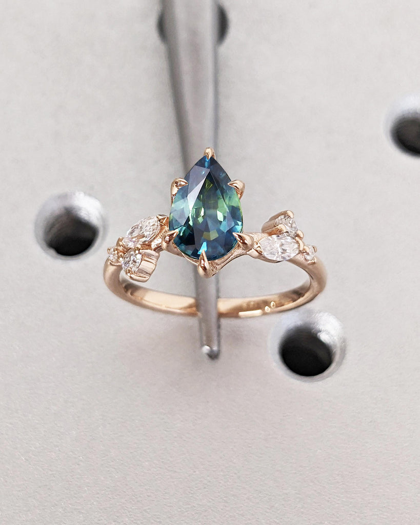 Nature Leaf Twig Flower Ring, Pear Sapphire Engagement Ring, Peacock Green Blue Sapphire, Leaf Shape Diamond Accents, Rose Gold Ring For Her