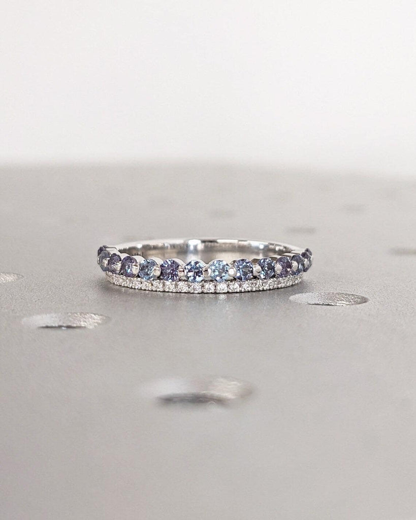 Pear Shape Moissanite Halo Engagement Ring Set | Solid White Gold Purple Alexandrite Stacking Ring | Unique Teal Moissanite Wedding Ring