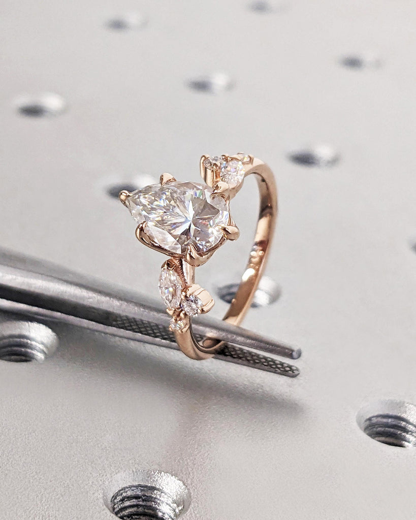 Pear Moissanite Nature Engagement Ring / Diamond Accent Leaves on Twig Ring / Dainty Leaf Ring / 14K Rose Gold / Unique Promise Ring For Her