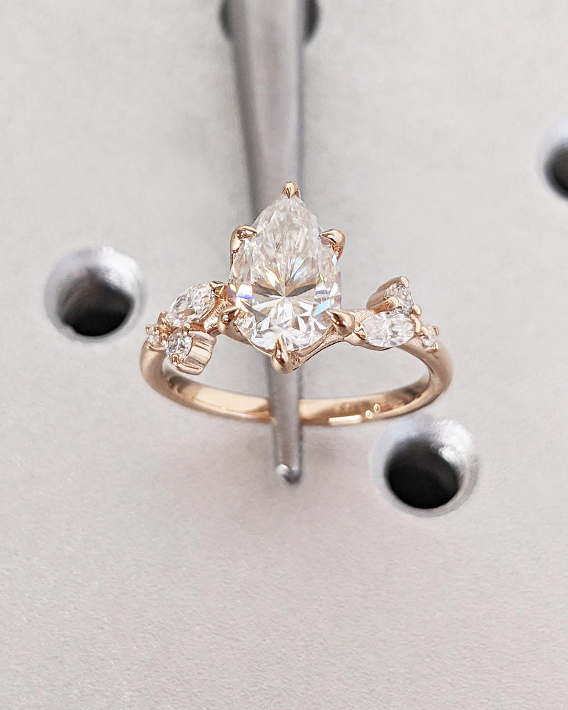 Pear Moissanite Nature Engagement Ring / Diamond Accent Leaves on Twig Ring / Dainty Leaf Ring / 14K Rose Gold / Unique Promise Ring For Her