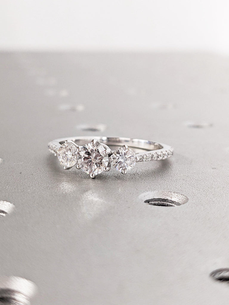 Round Cut Moissanite Engagement Ring | 14k White Gold Three Stone Wedding Ring | Dainty Half Eternity Moissanite Ring | Unique Wedding Gift