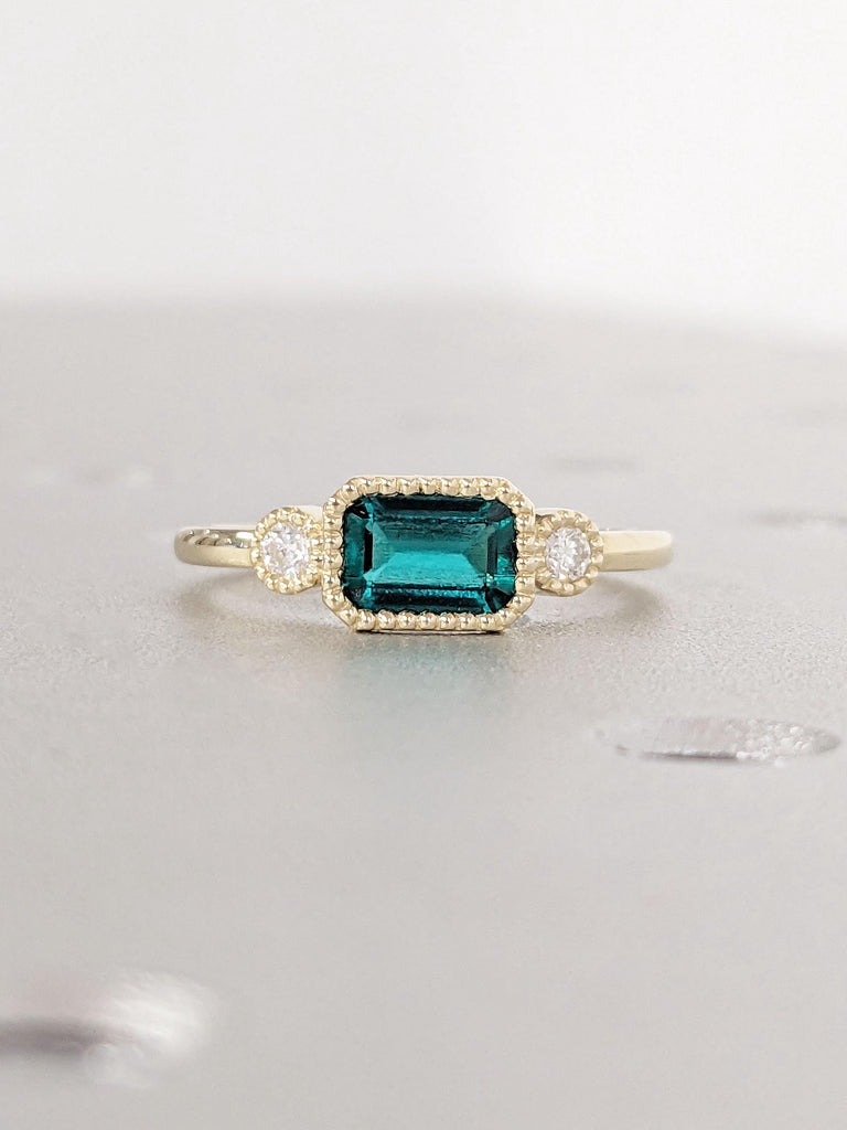 Green Emerald Ring | Vintage Milgrain Ring Lab Emerald Engagement Ring | 14k Yellow Gold Ring | Wedding Promise Anniversary Ring for Her