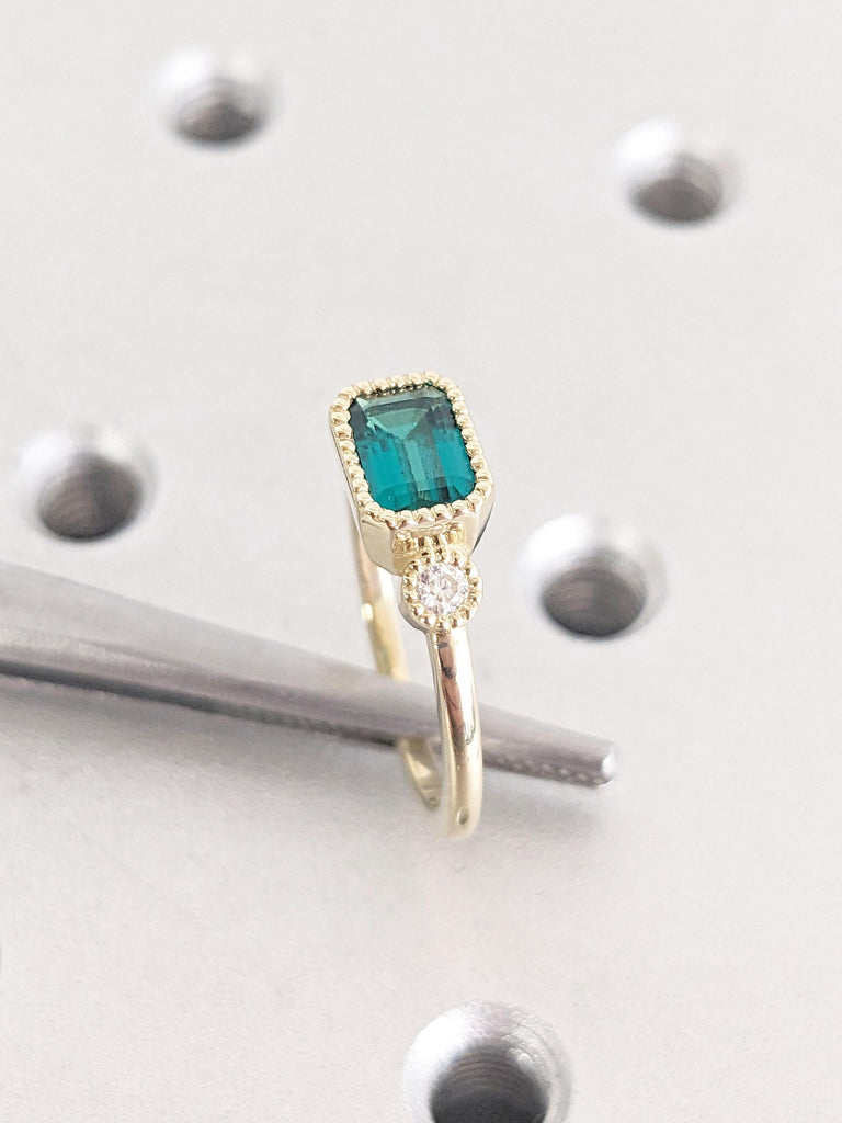 14k 18k Yellow Gold Rings for Women | Lab Emerald Unique Engagement Ring | Emerald cut Green Gemstone Ring | May Birthstone Gift for Her