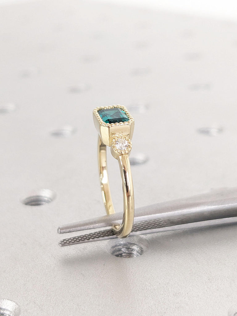 Moissanite and Emerald Art Deco Promise Anniversary Ring for Her | Solid Gold Engagement Ring | May Birthstone Ring